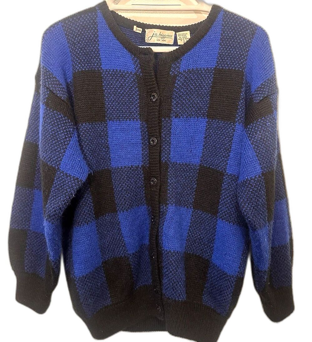 Vintage J.A. Higgins Cardigan Sweater Blue Black Buffalo Plaid Grandpa 80s